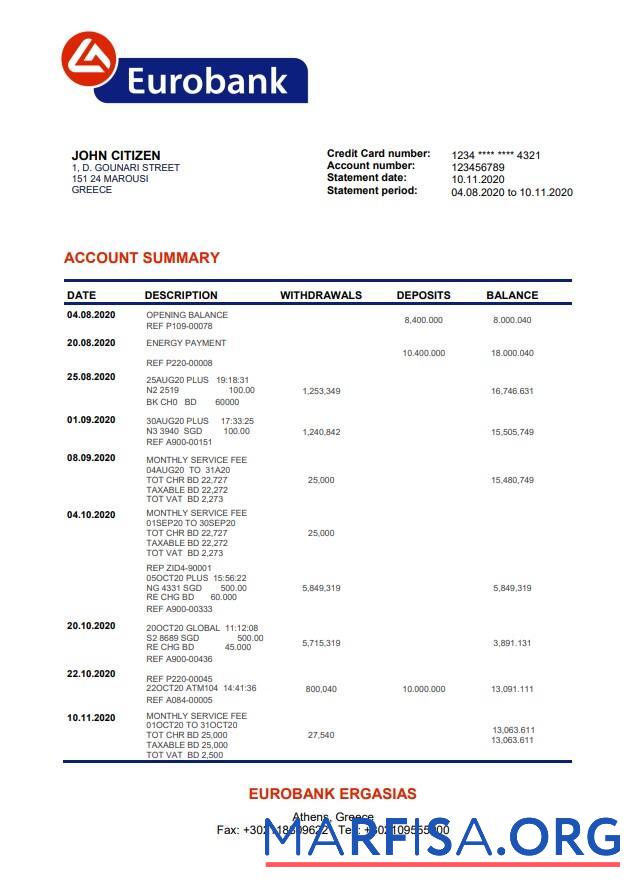 Blank Greece Eurobank Ergasias bank statement word template